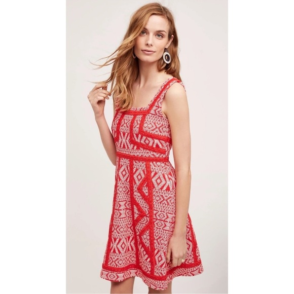 Anthropologie Dresses & Skirts - Anthropologie Maeve Emma Red White Lace Square Neck Fit & Flare Dress 0P